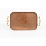 A WAS Benson copper and brass tray, rectangular copper tray with applied brass handles, stamped WASB