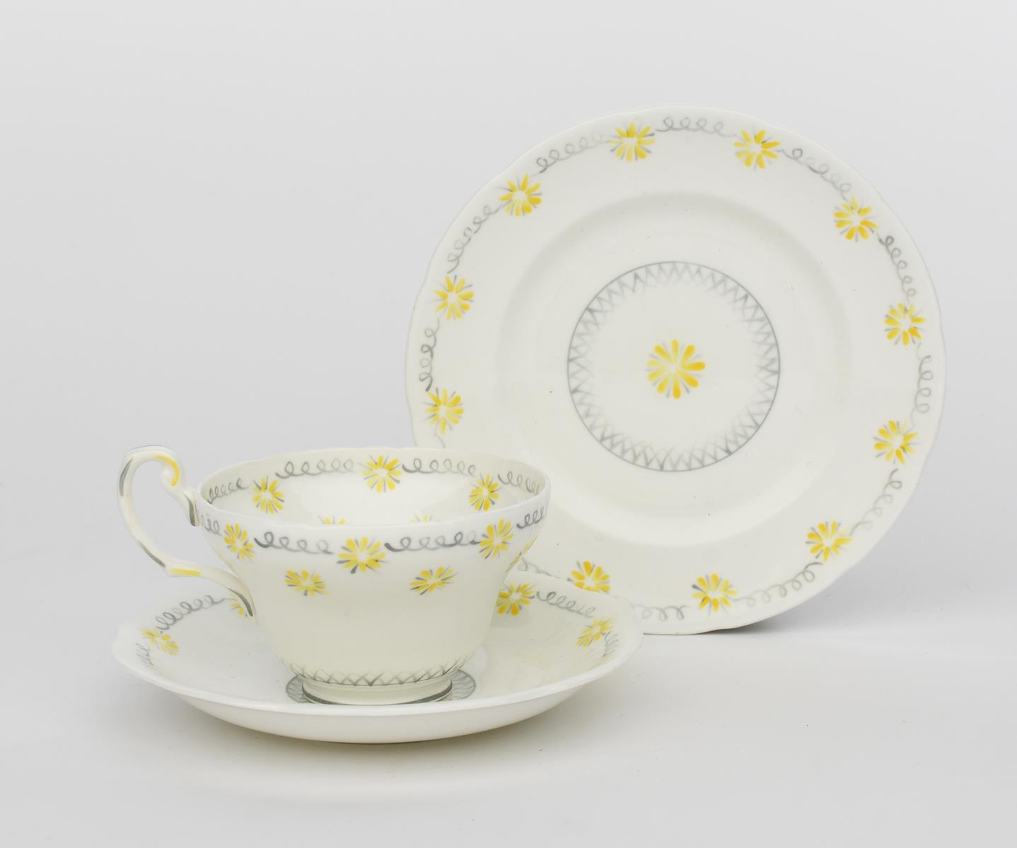 A Susie Cooper Productions Kestrel breakfast set, painted with simple yellow flower stems, - Image 2 of 3