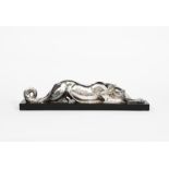 Louis Albert Carvin (1875-1951) Borzoi lying silvered bronze sculpture of a dog, on polished black