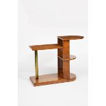 A Modernist burr walnut veneered shelf unit, rectangular section with D shaped end, stepped shelves,