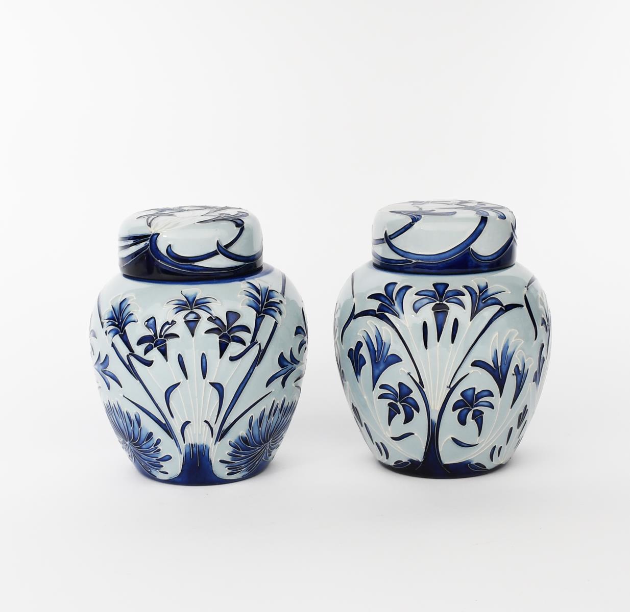 'Midnight Blue' a pair of modern Moorcroft Pottery ginger jar and covers, painted in shades of