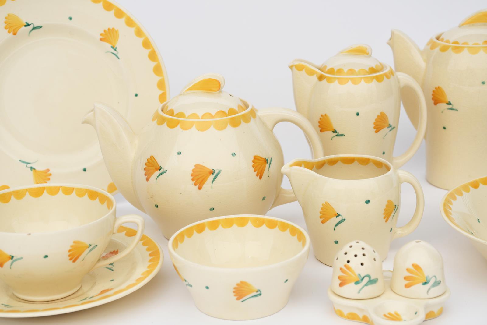 A Susie Cooper Productions Kestrel breakfast set, painted with simple yellow flower stems, - Image 3 of 3