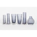 A Whitefriars Indigo glass vase designed by Geoffrey Baxter, elliptical form with moulded design,