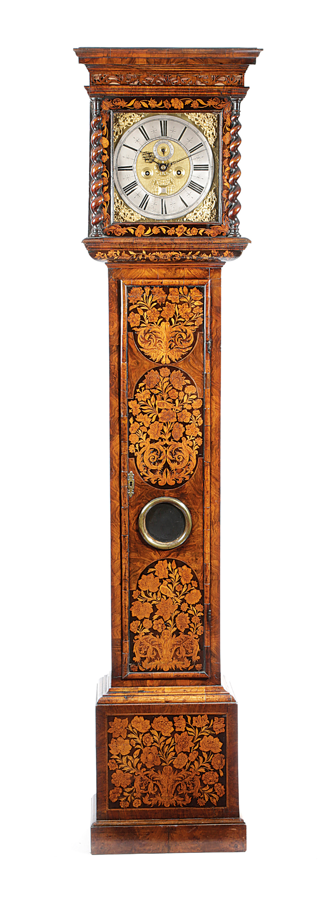 A WILLIAM AND MARY WALNUT AND MARQUETRY LONGCASE CLOCK BY THOMAS BRIDGE LONDON, C.1700 the brass