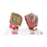 TWO BROCADE CHILDREN'S BONNETS 18TH CENTURY each worked with silk yarn, satin ribbon, damask silk