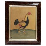 A PAIR OF VICTORIAN COCKFIGHTING WATERCOLOUR PAINTINGS MID-19TH CENTURY each bird wearing gilt