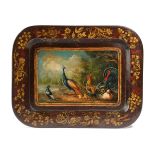 A REGENCY PAPIER-MACHE TRAY EARLY 19TH CENTURY the centre painted with various birds: a peacock, a