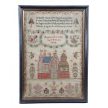 AN EARLY VICTORIAN NEEDLEWORK SAMPLER BY SUSANNAH PRESTON, AGED 8 worked with coloured wools on a