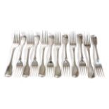 A SET OF TWELVE GEORGE IV SILVER FIDDLE AND THREAD PATTERN TABLE FORKS BY ROBERT PEPPIN LONDON