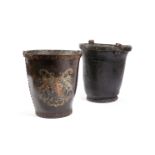 TWO LEATHER FIRE BUCKETS LATE 18TH CENTURY AND LATER one emblazoned with the Royal Coat of Arms, the