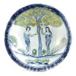 A BRISTOL DELFTWARE POTTERY ADAM AND EVE CHARGER PROBABLY RICHARD FRANK, REDCLIFF BACK, C.1720