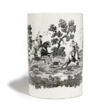 A CREAMWARE POTTERY CYLINDRICAL MUG C.1770-80 with a loop handle, the body transfer printed in black