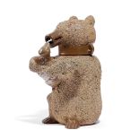 A NOTTINGHAM SALT-GLAZED STONEWARE POTTERY BROWN BEAR JUG AND COVER MID-18TH CENTURY modelled seated