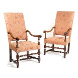 A PAIR OF WALNUT HIGHBACK OPEN ARMCHAIRS POSSIBLY DUTCH, LATE 17TH / EARLY 18TH CENTURY each with