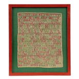 A SMALL GEORGE II NEEDLEWORK SAMPLER BY MARY BRISCO worked in red and green silk on a linen ground