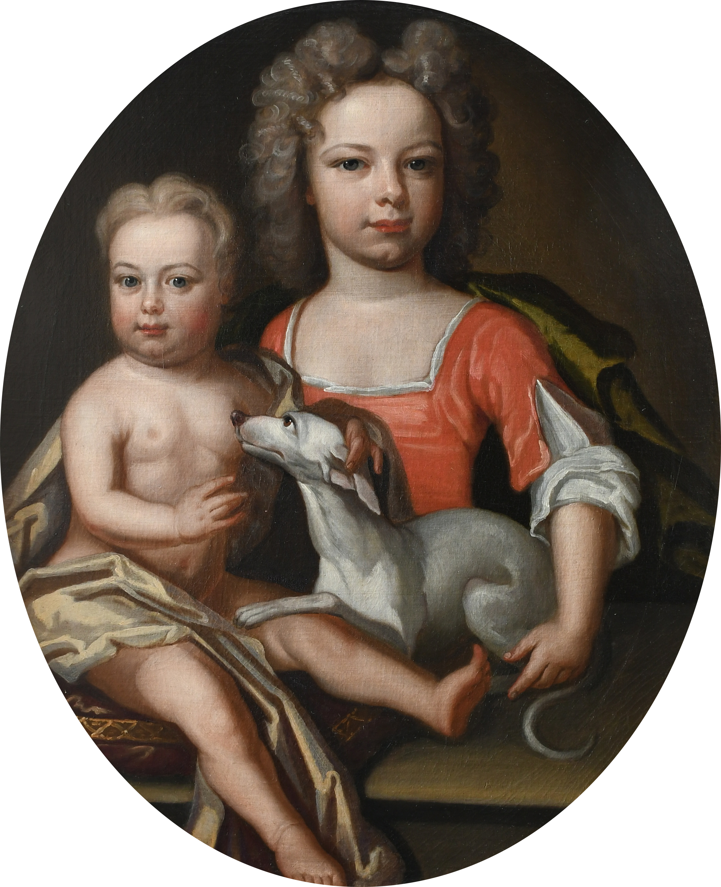 ATTRIBUTED TO EDWARD BYNG (1676-1756) Portrait of two children with a whippet Oil on canvas, oval 77 - Bild 15 aus 15