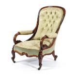 λ AN EARLY VICTORIAN ROSEWOOD ARMCHAIR BY GILLOWS C.1850 button upholstered with damask fabric, with