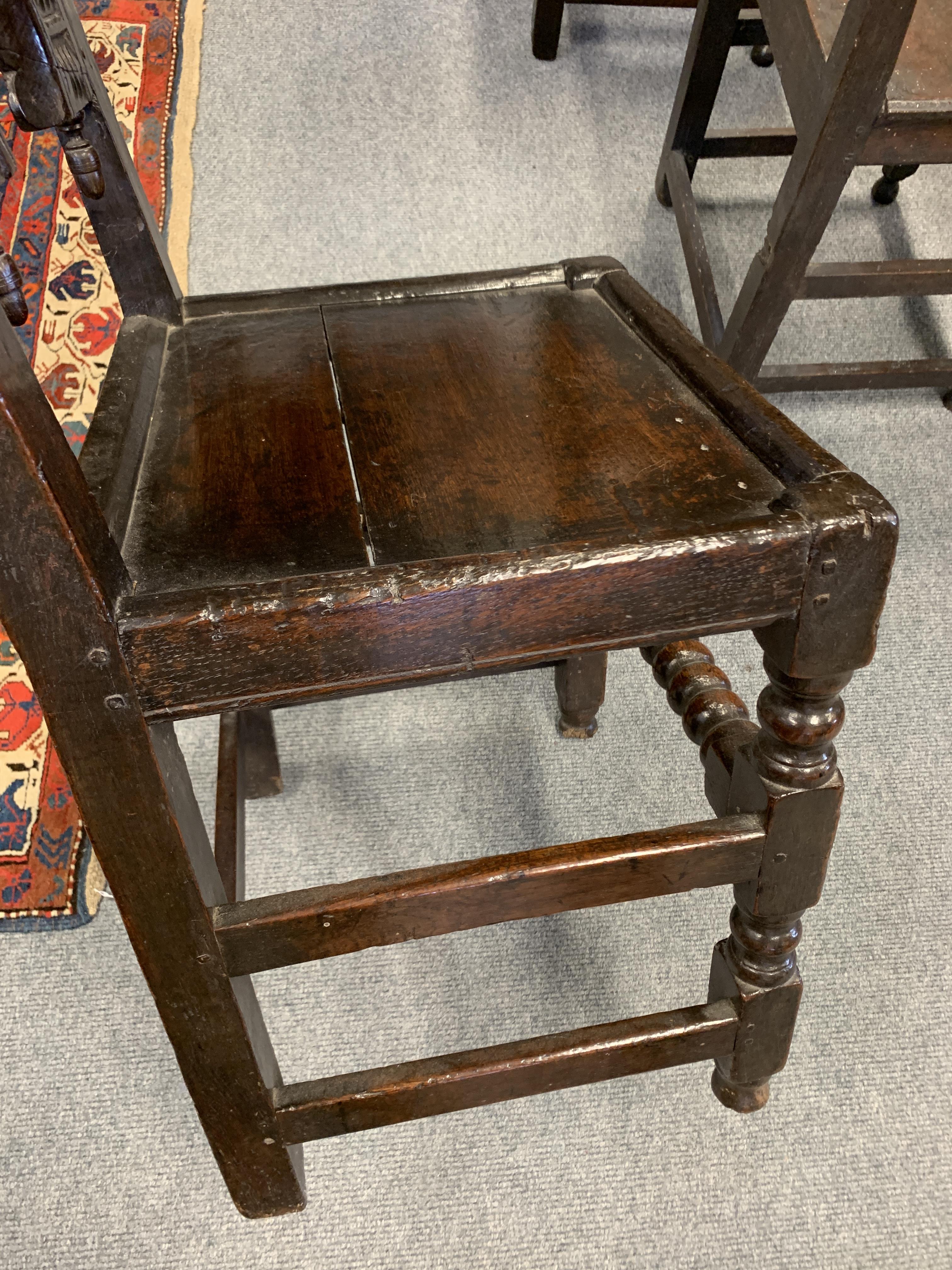 TWO CHARLES II OAK 'YORKSHIRE' CHAIRS C.1670 each with scroll uprights and twin arched backs - Image 10 of 13