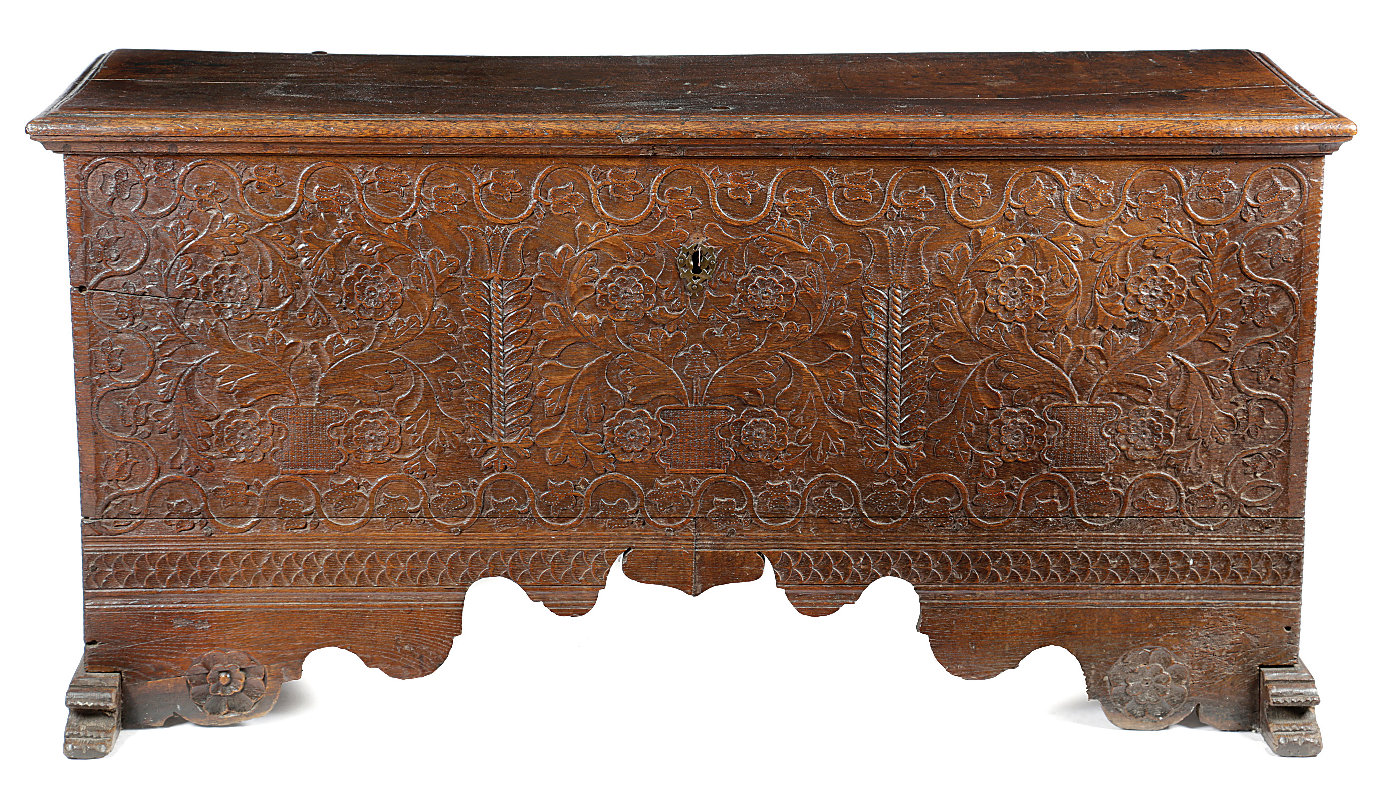 A LARGE OAK CHEST 17TH CENTURY the hinged lid revealing an interior with a lidded till, the front