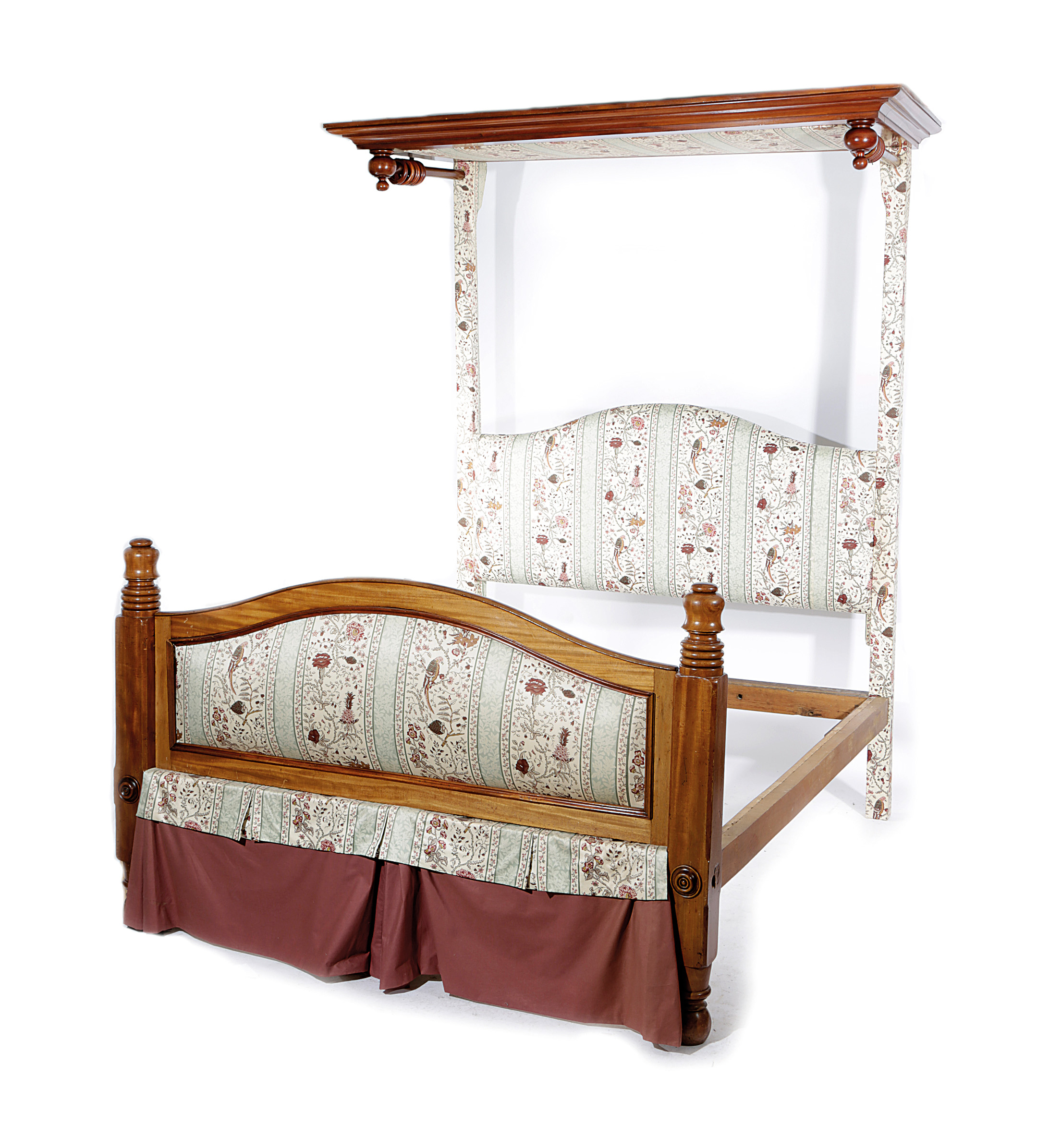 AN EARLY VICTORIAN MAHOGANY HALF-TESTER BED C.1840 AND LATER covered with later parrot and flower
