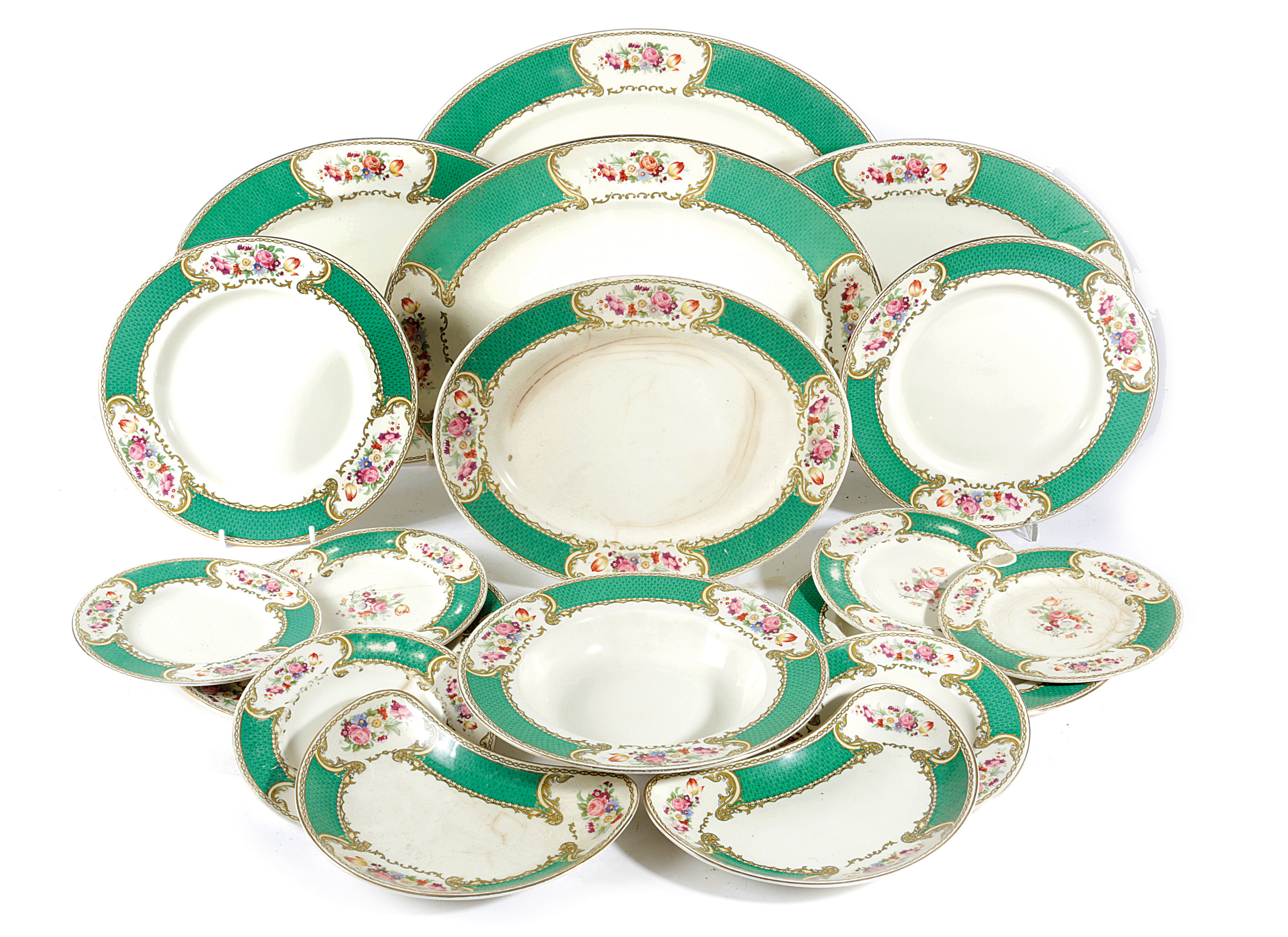 A MYOTT'S HARLEQUIN PART DINNER SERVICE FIRST HALF 20TH CENTURY the majority with the 'Bouquet'