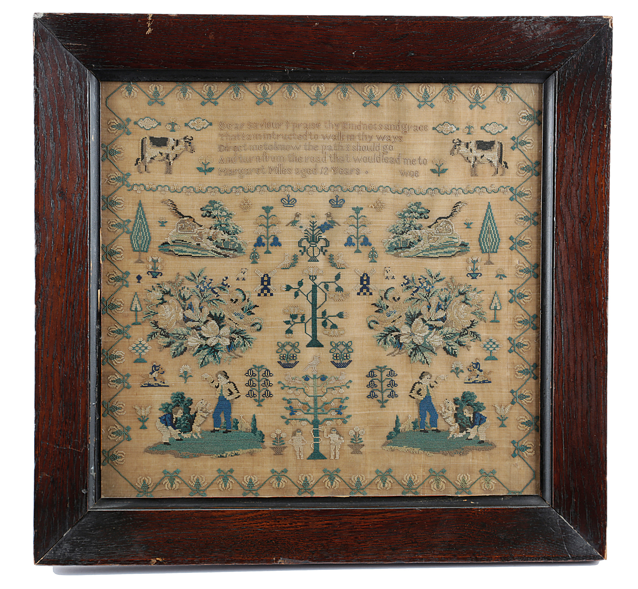 A NEEDLEWORK SAMPLER BY MARGARET MILES, C.1840 worked with polychrome silks on a fine linen