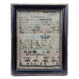 A GEORGE II NEEDLEWORK SAMPLER BY JANE NELMES worked with polychrome silks on a cotton ground,