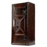 A CHARLES II OAK HANGING CUPBOARD C.1680 with a mitre moulded panelled door with iron hinges