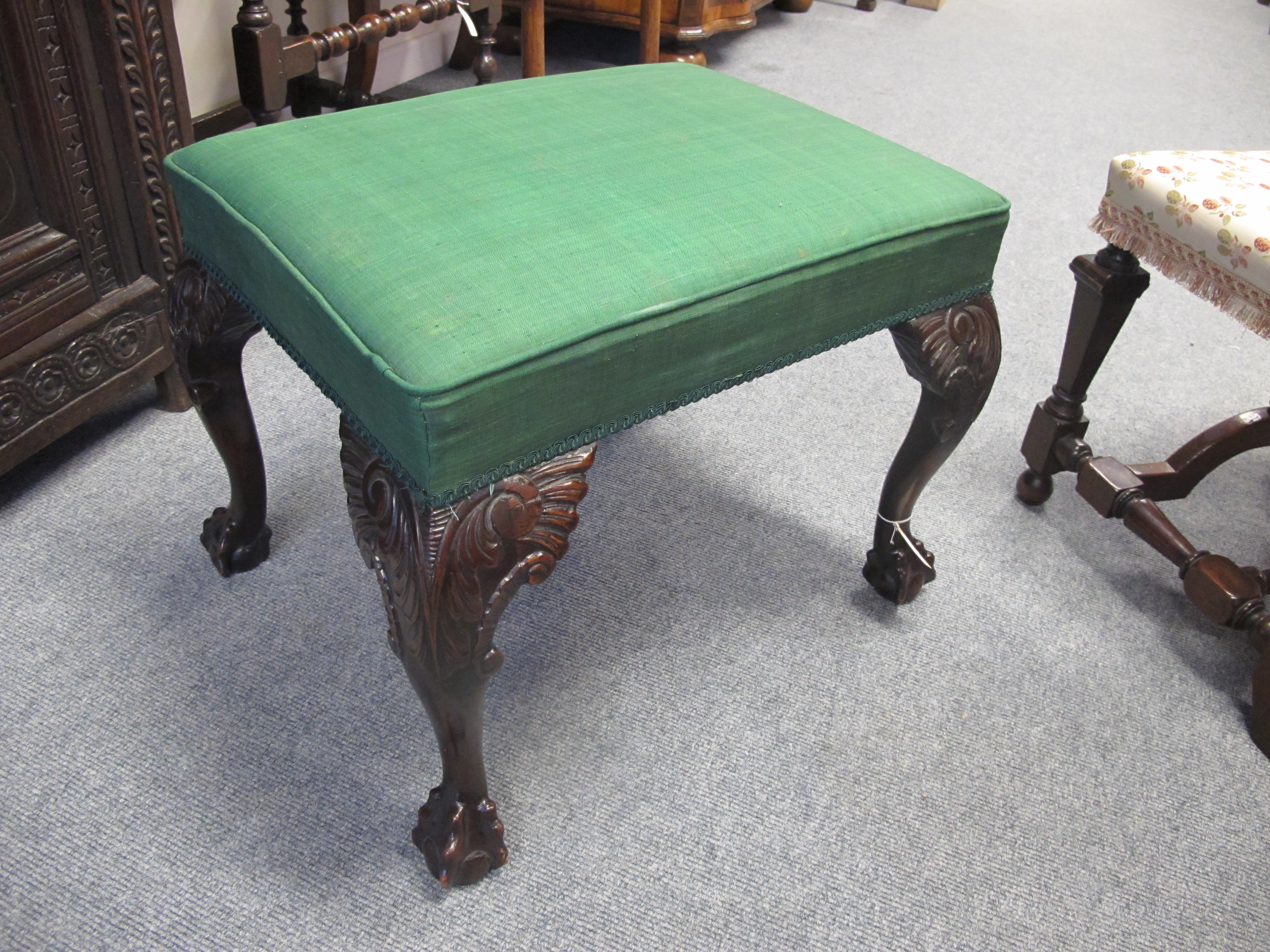 A GEORGE II IRISH WALNUT STOOL C.1740 the padded seat covered with green fabric, on cabriole legs - Image 2 of 14