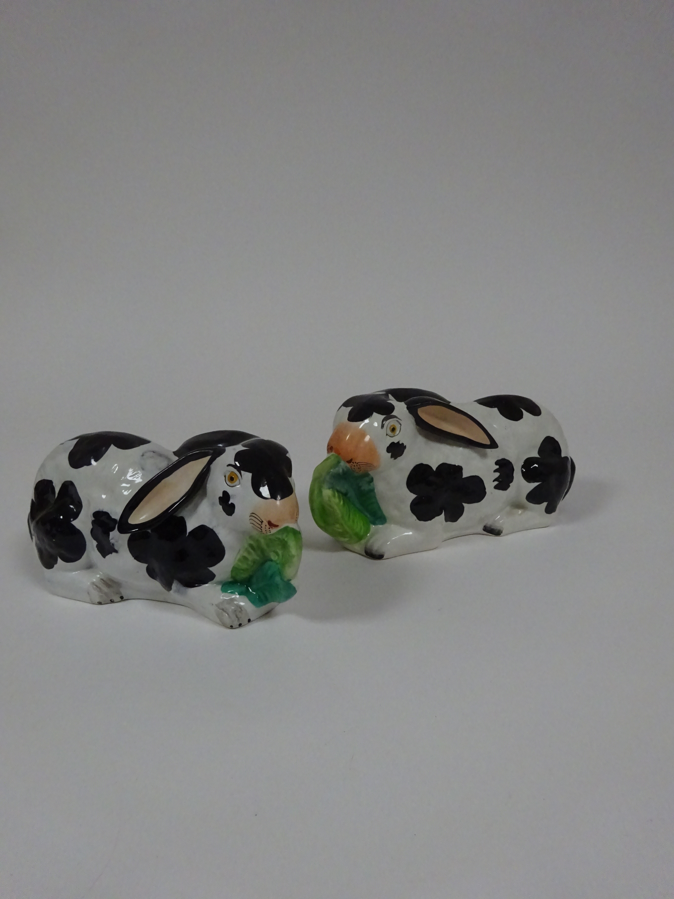 A PAIR OF STAFFORDSHIRE POTTERY MODELS OF RABBITS C.1860 each with black spotted markings and - Image 2 of 18