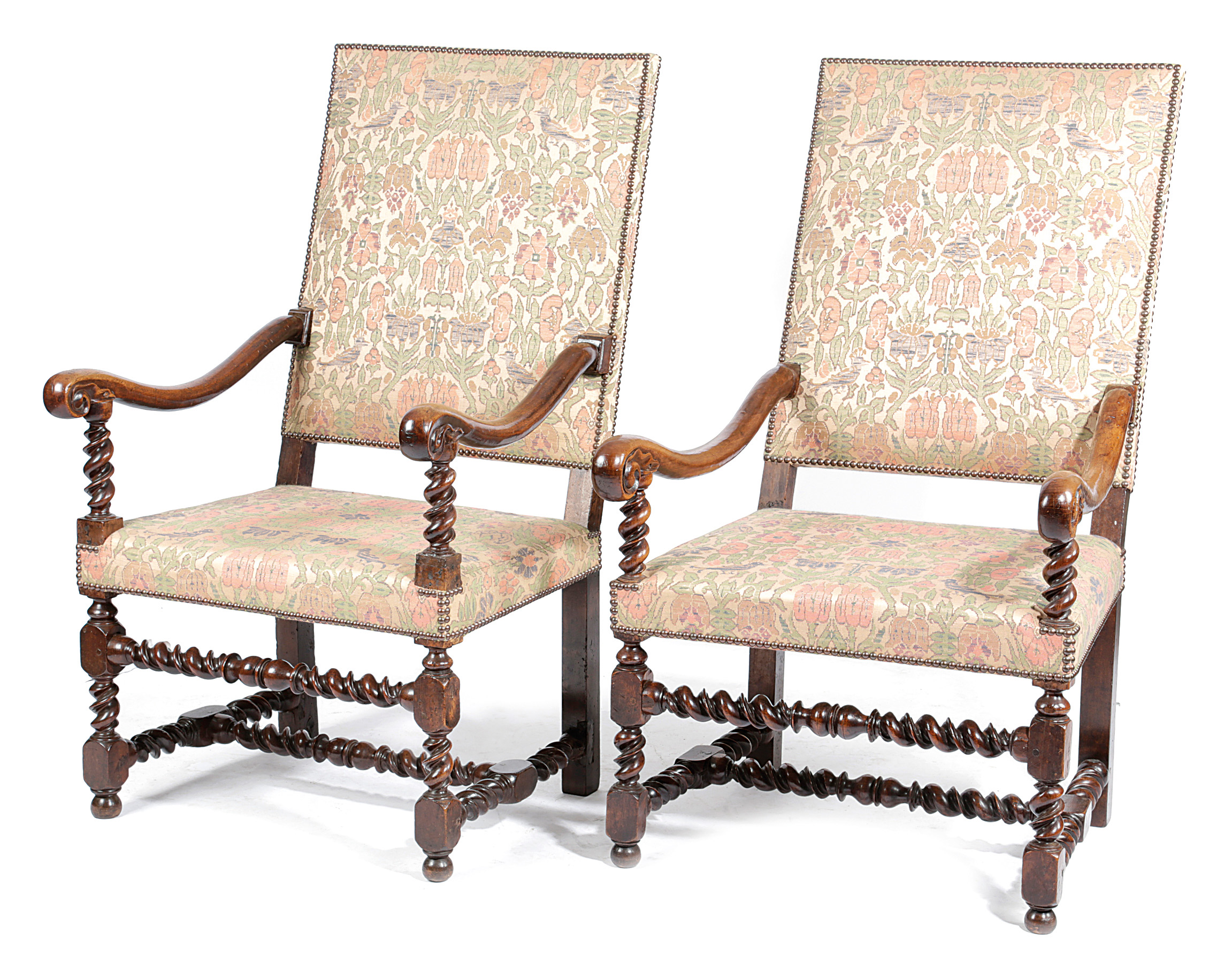 A PAIR OF WALNUT HIGHBACK OPEN ARMCHAIRS POSSIBLY DUTCH, LATE 17TH / EARLY 18TH CENTURY each with