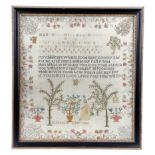 A GEORGE III NEEDLEWORK SAMPLER BY ELIZABETH EAST worked with coloured silks on a linen ground