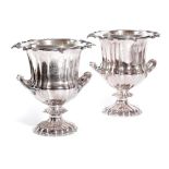 A PAIR OF WILLIAM IV SILVER TWO-HANDLED WINE COOLERS BY THE BARNARDS LONDON, 1836 of lobed campana