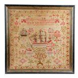 A LARGE AND RARE NEEDLEWORK SHIP SAMPLER BY DIENA COLE, EARLY 19TH CENTURY worked with coloured