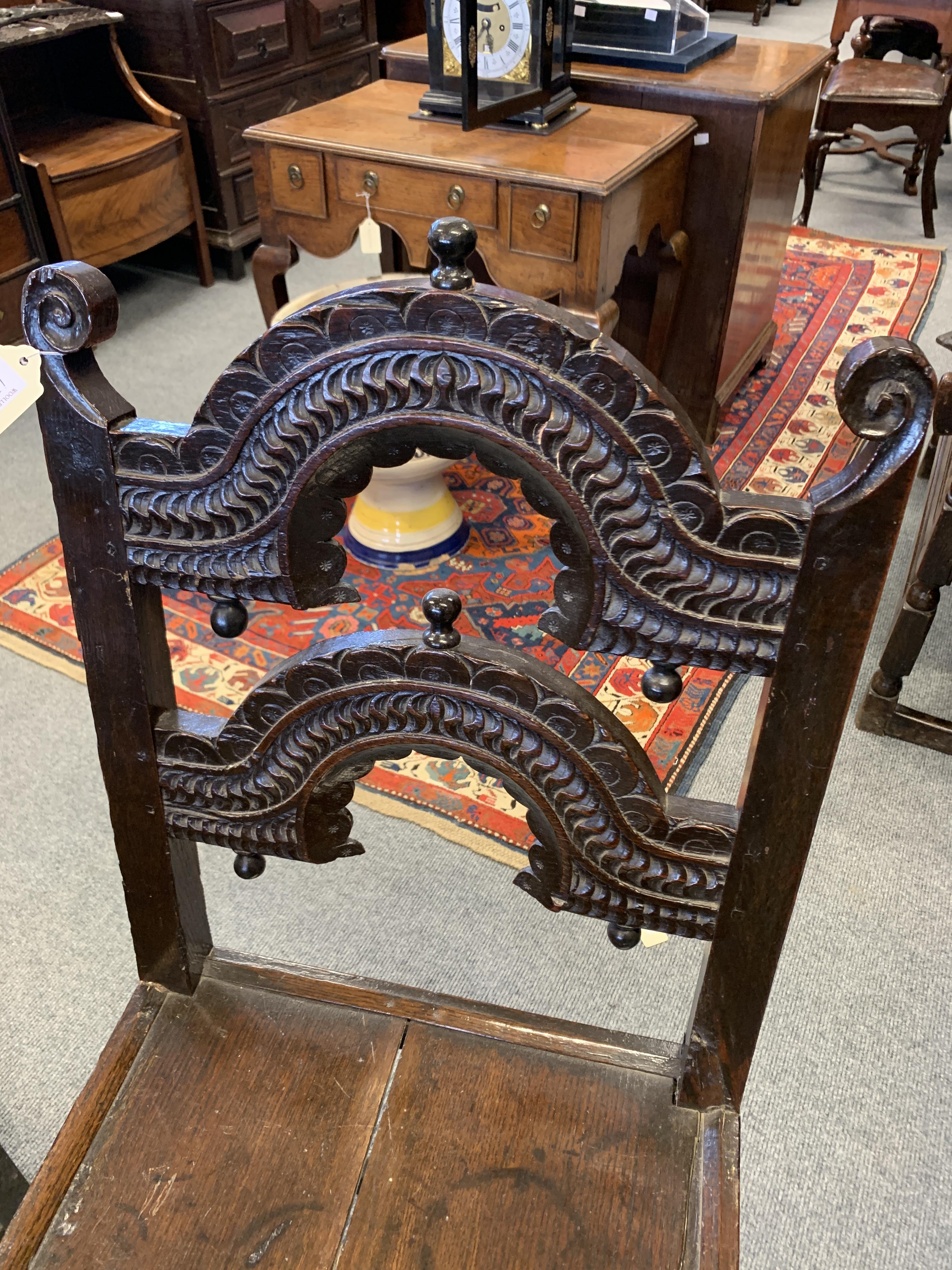 TWO CHARLES II OAK 'YORKSHIRE' CHAIRS C.1670 each with scroll uprights and twin arched backs - Image 13 of 13