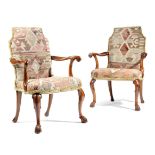 A PAIR OF YEW ARMCHAIRS IN GEORGE II STYLE POSSIBLY IRISH, LATE 19TH / EARLY 20TH CENTURY each