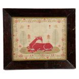 A 19TH CENTURY NEEDLEWORK NAIVE SAMPLER worked with coloured wool on a linen ground, with a