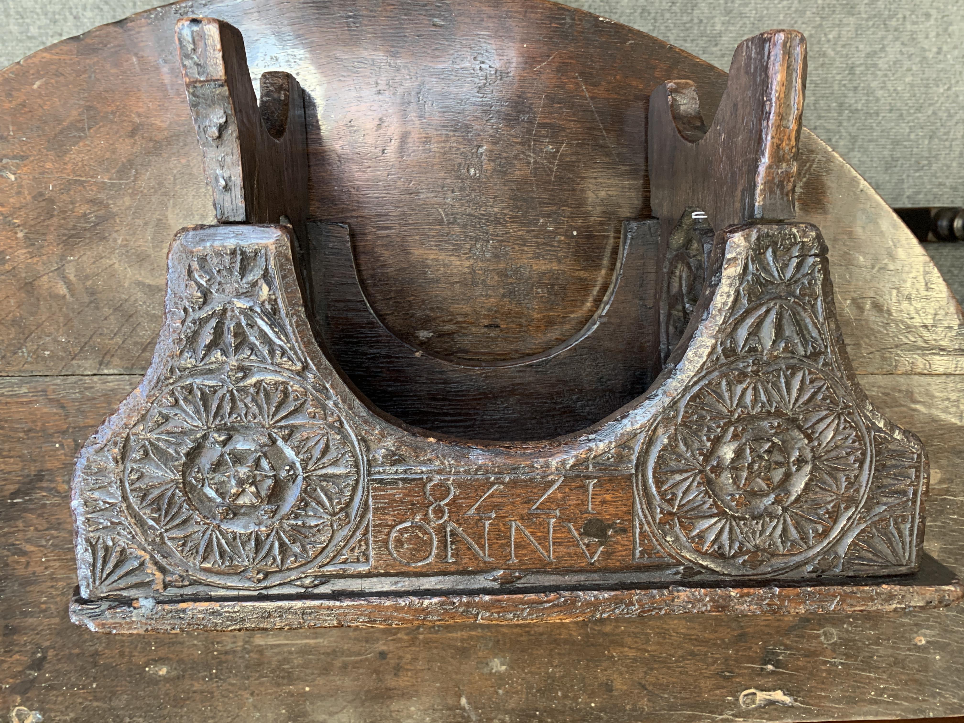 A GEORGE III CHIP CARVED STOOL WELSH, DATED '1778' relief decorated with rondels, the trestle ends - Image 2 of 9