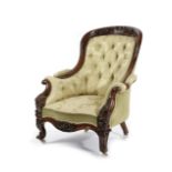 TWO SIMILAR VICTORIAN WALNUT ARMCHAIRS C.1860 each button upholstered with damask fabric, the