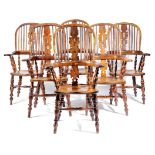 A HARLEQUIN SET OF SIX VICTORIAN YEW AND ELM HIGHBACK WINDSOR ARMCHAIRS POSSIBLY NOTTINGHAM, C.