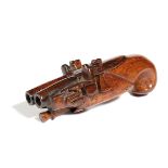 A TREEN DOUBLE-BARRELLED FLINTLOCK PISTOL SNUFF BOX EARLY 19TH CENTURY with a hinged cover 15.7cm