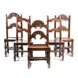 FIVE OAK 'YORKSHIRE' SIDE CHAIRS C.1670-80 with scroll carved decoration, applied with split