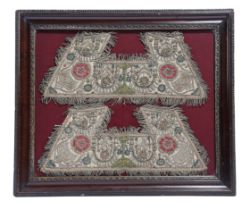 A PAIR OF ENGLISH NEEDLEWORK GLOVE CUFFS EARLY 17TH CENTURY embroidered with red silk and purled