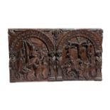 A FLEMISH OAK DOUBLE CRUCIFIXION PANEL 17TH CENTURY relief carved, with twin arches, depicting the