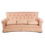 A PAIR OF CONCAVE THREE SEATER SOFAS 20TH CENTURY each button upholstered with pink damask fabric (