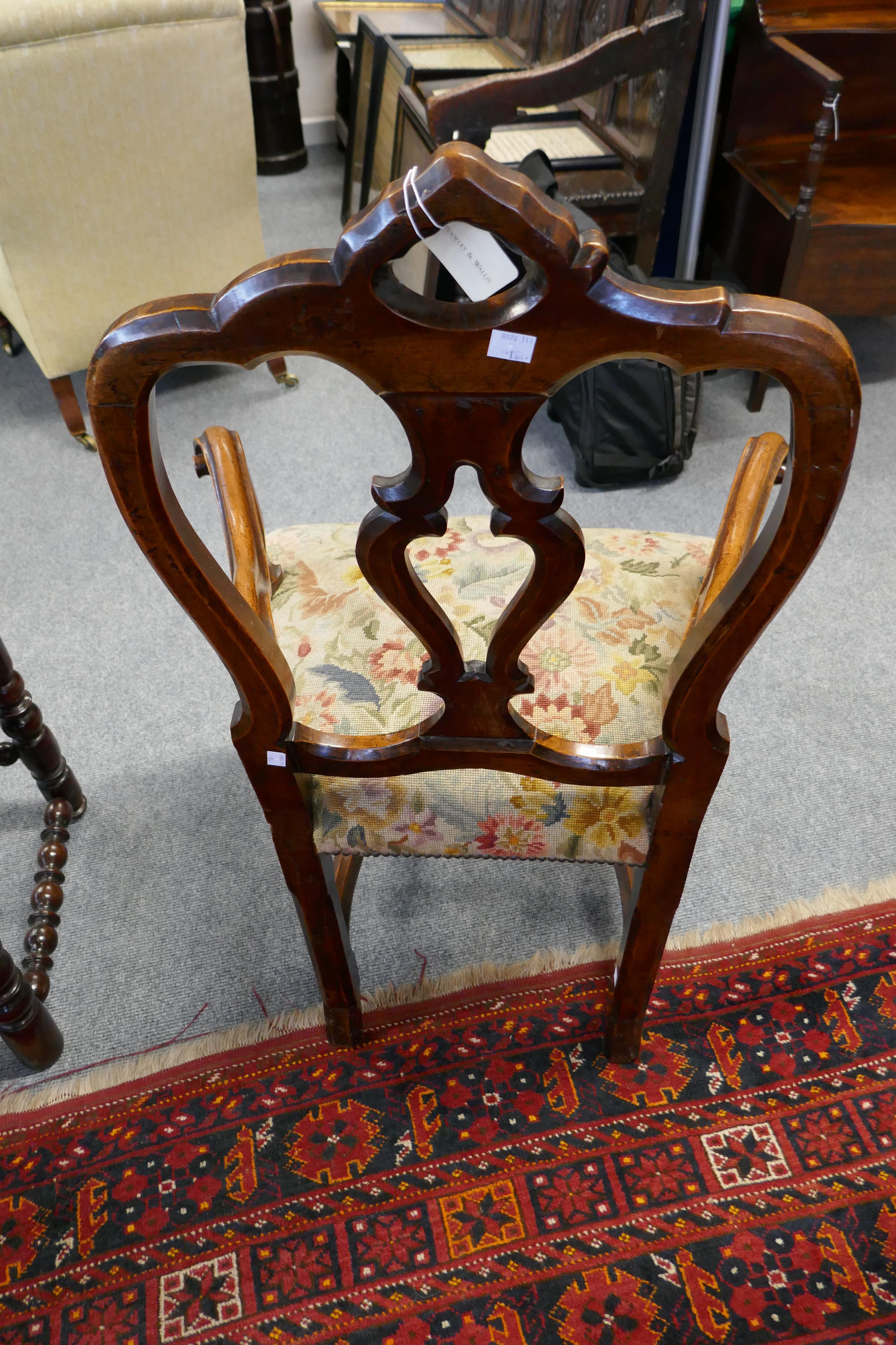 AN ITALIAN WALNUT OPEN ARMCHAIR 18TH CENTURY in Rococo style, with a pierced splat and a floral - Image 2 of 10