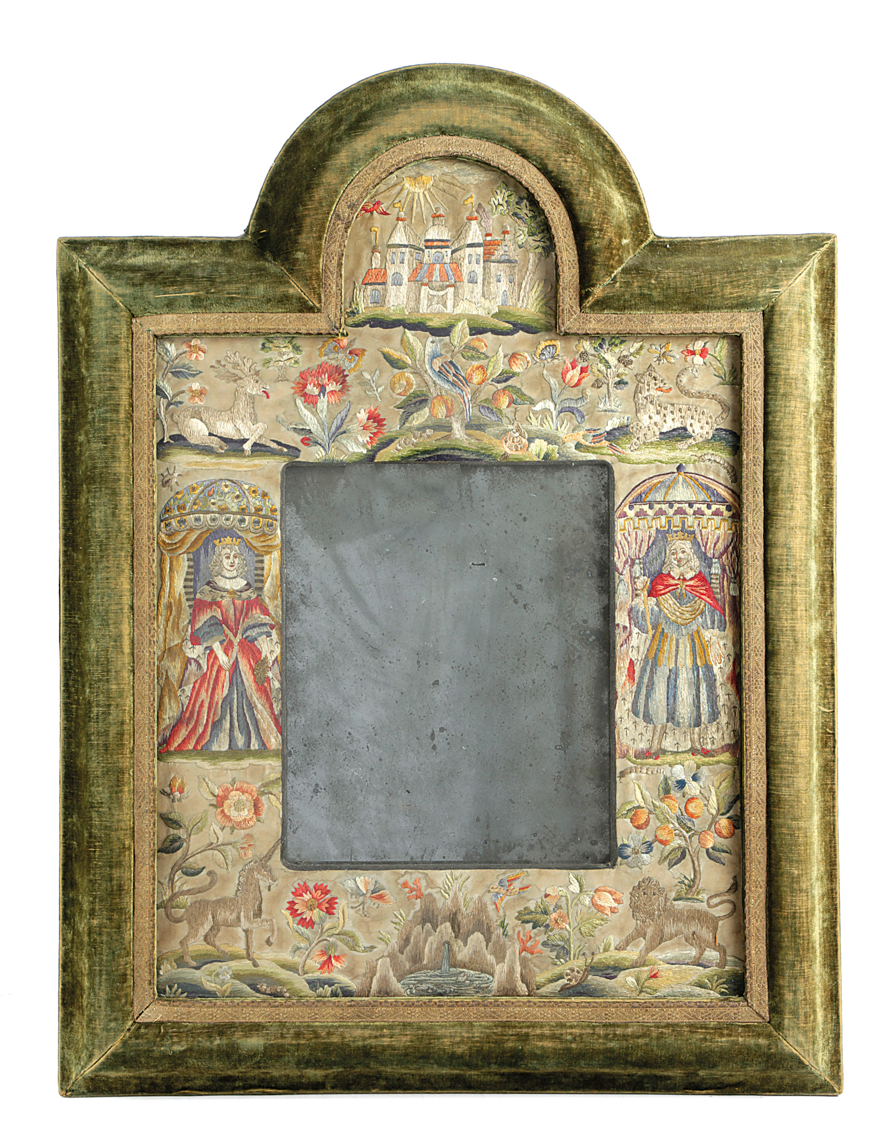 A CHARLES II SILKWORK WALL MIRROR LATE 17TH CENTURY AND LATER with a central rectangular plate,