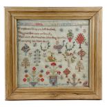 A NEEDLEWORK MEMENTO SAMPLER BY ANN JONES, EARLY TO MID-19TH CENTURY worked with coloured crewel
