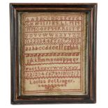 A WILLIAM IV NEEDLEWORK SCHOOL SAMPLER BY LOUISA POTTINGER worked in red floss silk on a linen