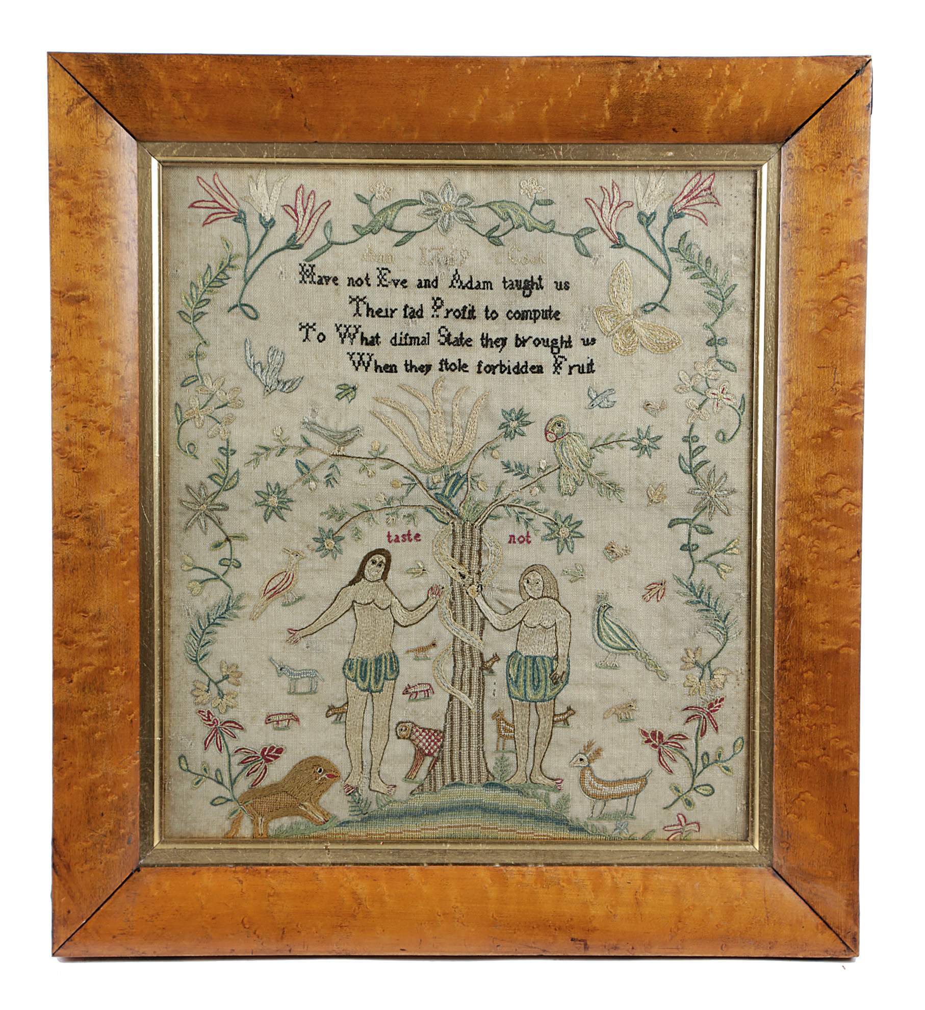 A GEORGE III NEEDLEWORK ADAM AND EVE SAMPLER BY ANN COOK worked with polychrome silks on a linen